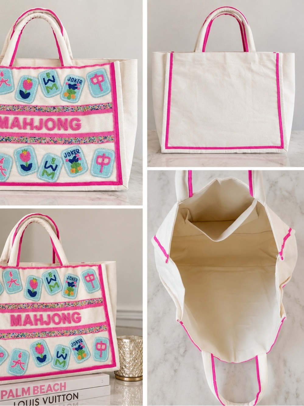 Beaded Mahjong Theme Canvas Tote Bag - Pink Accent